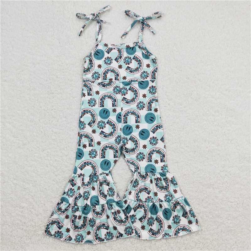 SR1018  Sibling Baby Girls Green Rainbow Smile Rompers Jumpsuits