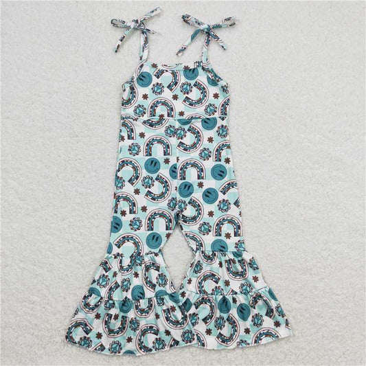 SR1018  Sibling Baby Girls Green Rainbow Smile Rompers Jumpsuits