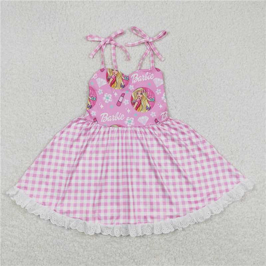 GSD0526  Baby Girls Doll Lace Straps Checkered Knee Length Dresses