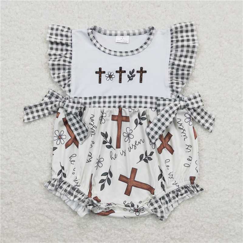 1.5 RTS NO MOQ （In stock）Matching Easter SR0813 Baby Infant Girls Flutter Sleeve Ruffle Easter Cross Rompers