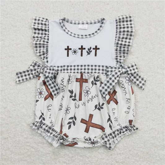 1.5 RTS NO MOQ （In stock）Matching Easter SR0813 Baby Infant Girls Flutter Sleeve Ruffle Easter Cross Rompers