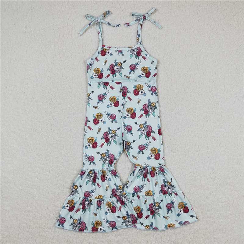 SR1019  Baby Girls Mustard Flowers Straps Bell Bottom Pants Jumpsuits