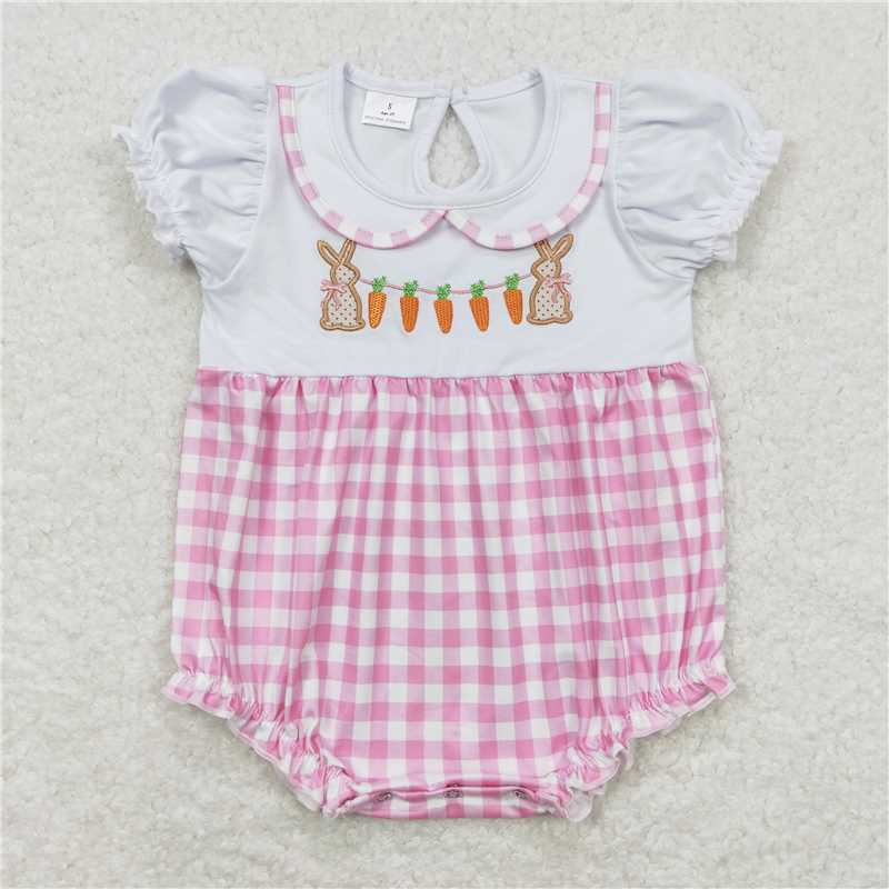 SR0722 Embroidery Baby Infant Girls Easter Rabbit Carrot Short Sleeve Rompers