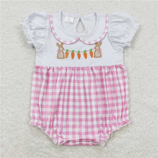 SR0722 Embroidery Baby Infant Girls Easter Rabbit Carrot Short Sleeve Rompers
