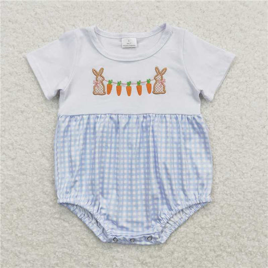 SR0723 Embroidery Baby Infant Boys Easter Rabbit Carrot Short Sleeve Rompers