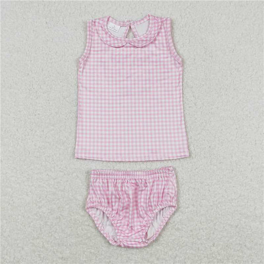 GBO0222  Baby Girls Toddler Pink Checkered Shirt Bummies Clothes Sets