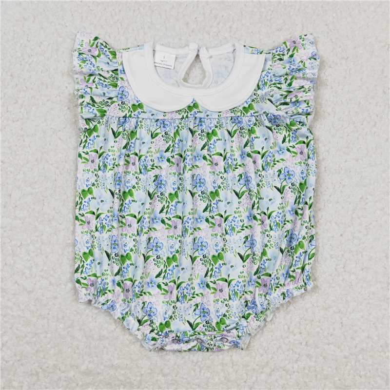 SR1004  Baby Girls Flutter Sleeve Blue Flowers Rompers