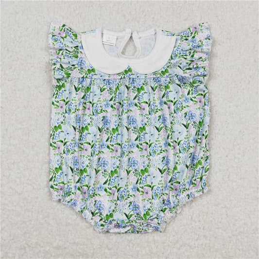 SR1004  Baby Girls Flutter Sleeve Blue Flowers Rompers