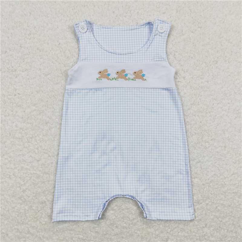 SR0621 Embroidery Baby Infant Boys Easter Blue Checkered Rabbits Sleeveless Rompers