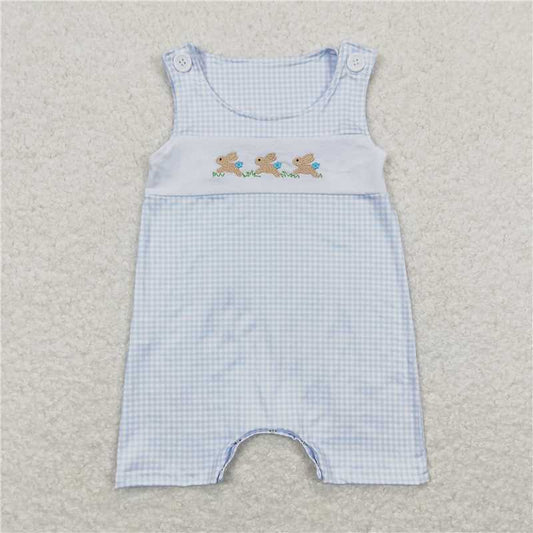 SR0621 Embroidery Baby Infant Boys Easter Blue Checkered Rabbits Sleeveless Rompers