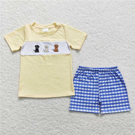 BSSO0598 Short sleeves dog top plaid shorts boys clothing