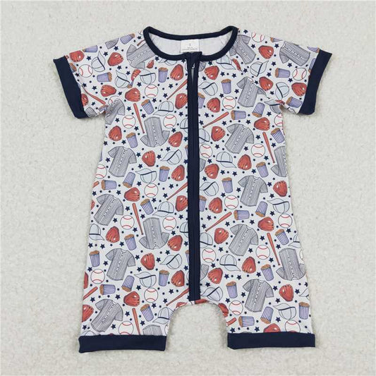 SR0581 Baby Infant Boys Baseball Zip Short Sleeve Rompers