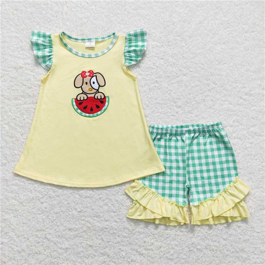 12.29 RTS NO MOQ （In stock）Matching GSSO0483 Baby Girls Dog Watermelon Flutter Sleeve Tunic Summer Shorts Clothes Sets