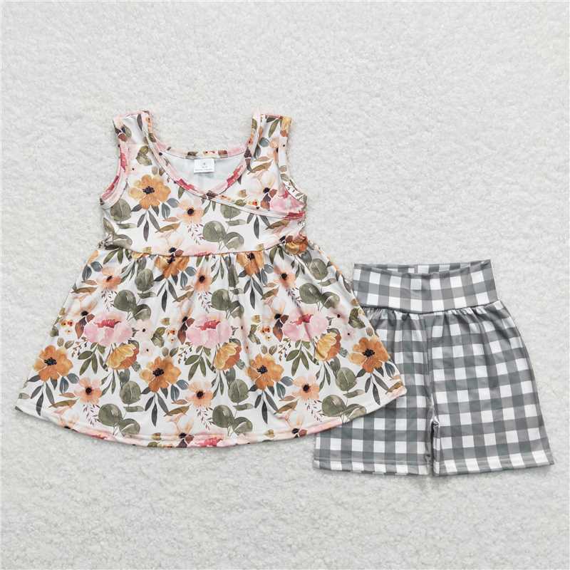 Baby Girls Green Floral Tunic Top Checkered Shorts Clothes Sets