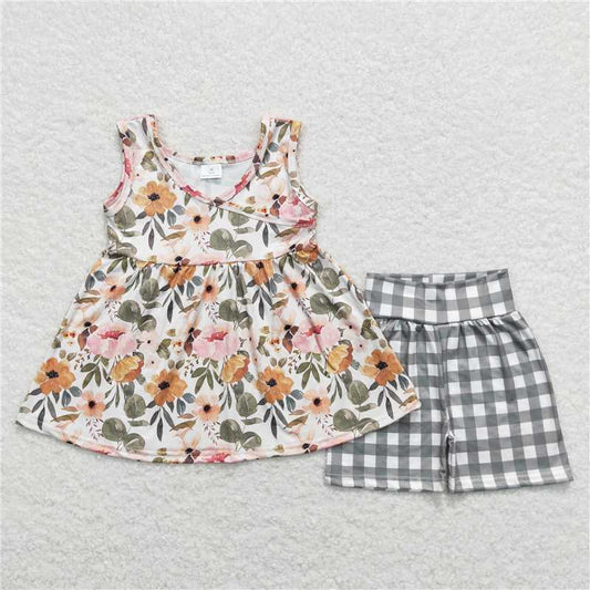Baby Girls Green Floral Tunic Top Checkered Shorts Clothes Sets