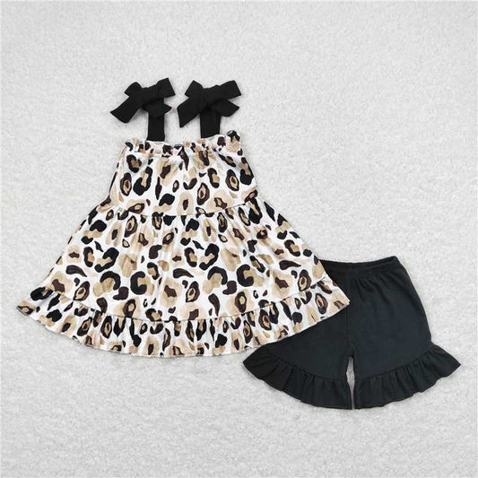 USA Warehouse (IN STOCK) GSSO0738 Black straps leopard tunic ruffle shorts girls clothes