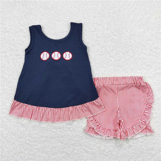 GSSO0405RTS NO MOQ Baby Girls Summer Outfits Sleeveless baseball tunic stripe shorts kids girls clothing