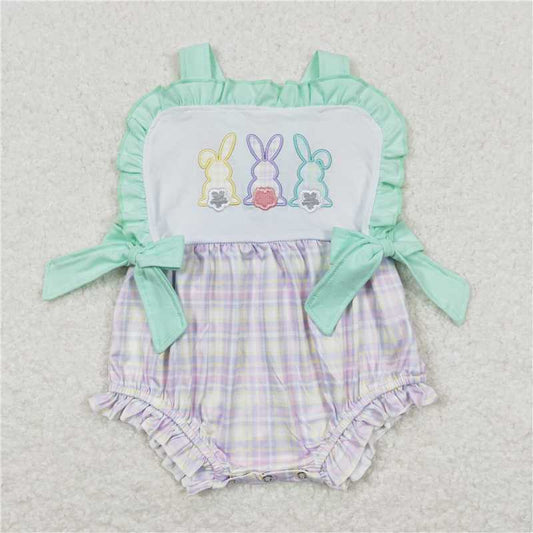 SR0543 Embroidery Baby Girls Easter Rabbits Bows Straps Rompers