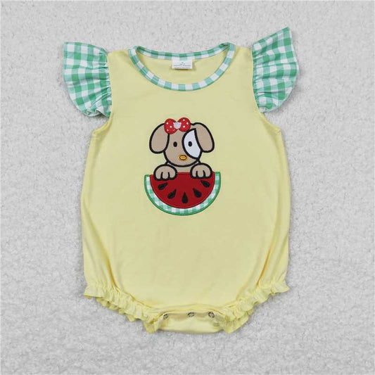 SR0789  Baby Infant Girls Dog Watermelon Flutter Sleeve Rompers