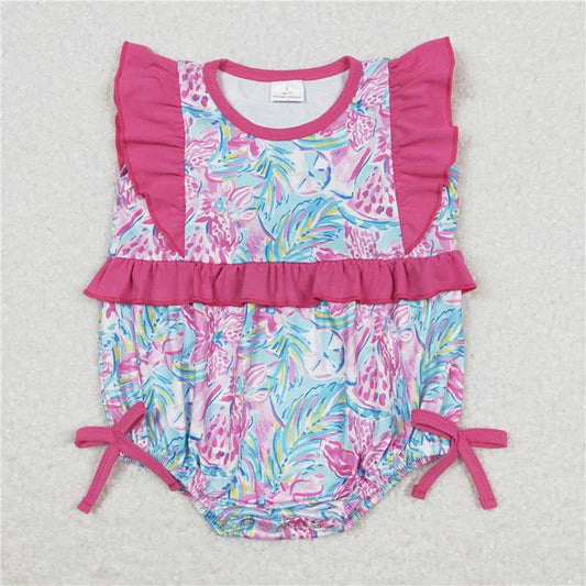 SR1035  Baby Girls Green Water Flowers Tunic Dark Pink Shorts Summer Rompers Clothes Sets