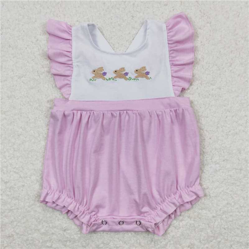SR0620 Embroidery Baby Infant Girls Easter Purple Rabbits Flutter Sleeve Rompers