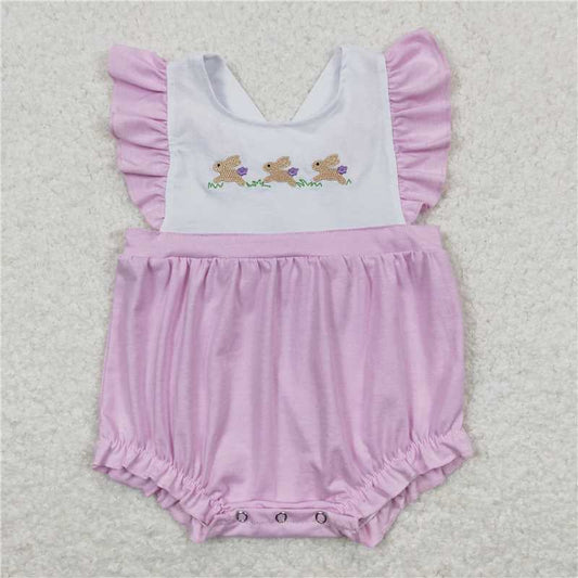 SR0620 Embroidery Baby Infant Girls Easter Purple Rabbits Flutter Sleeve Rompers