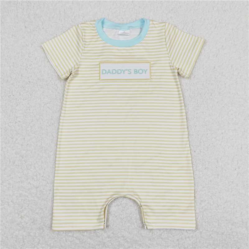 12.29 RTS NO MOQ （In stock）Matching SR0890 Baby Boys Daddy's Boy Yellow Stripes Rompers