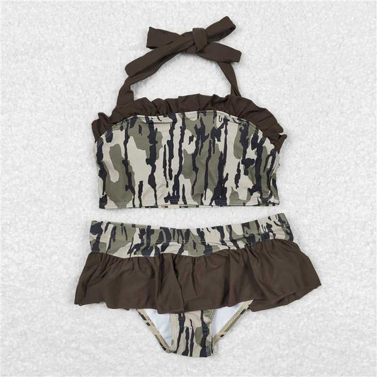 S0193  Baby Girls Summer Brown Camo Bunches 2pcs Ruffle Swimsuits