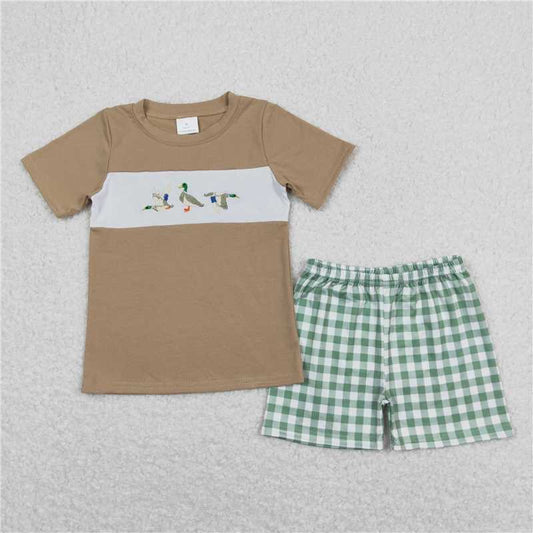 BSSO0608 RTS NO MOQ Baby Boys Summer Boys Outfits Baby Boys Ducks Shirt Green Checkered Shorts Outfits Clothes Sets