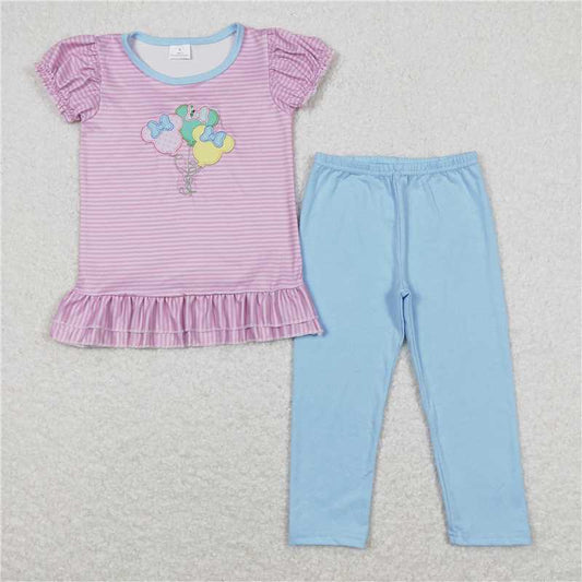 GSPO1104 Embroidered bow Mickey balloon pink striped short-sleeved blue trousers suit