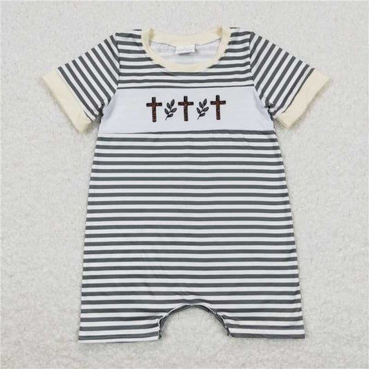 1.5 RTS NO MOQ （In stock）Matching Easter SR0814 Baby Infant Boys Short Sleeve Easter Cross Rompers
