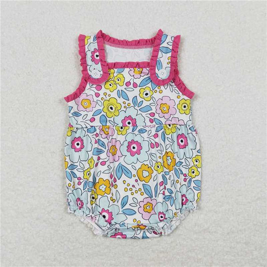 SR1161  Baby Infant Girls Pink Flowers Buttons Rompers