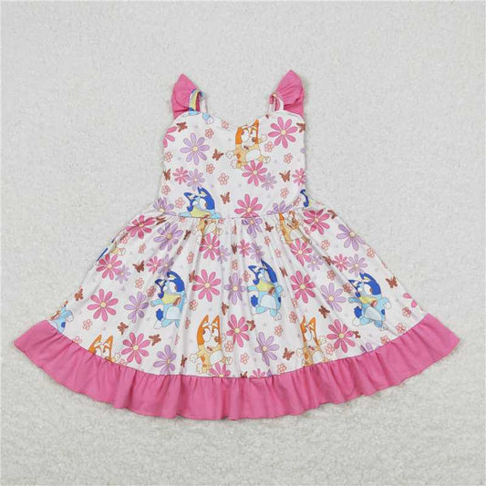 GSD0865  Baby Girls Straps Flowers Dogs Knee Length Dresses
