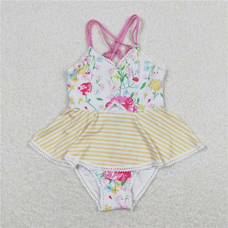 S0250  Baby Girls Pink Flowers Yellow Stripes Ruffle One Piece Swimsuits