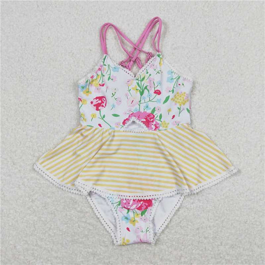 S0250  Baby Girls Pink Flowers Yellow Stripes Ruffle One Piece Swimsuits