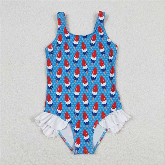 S0217  Baby Girls 4th Of July Popstick Ruffle One Piece Swimsuits