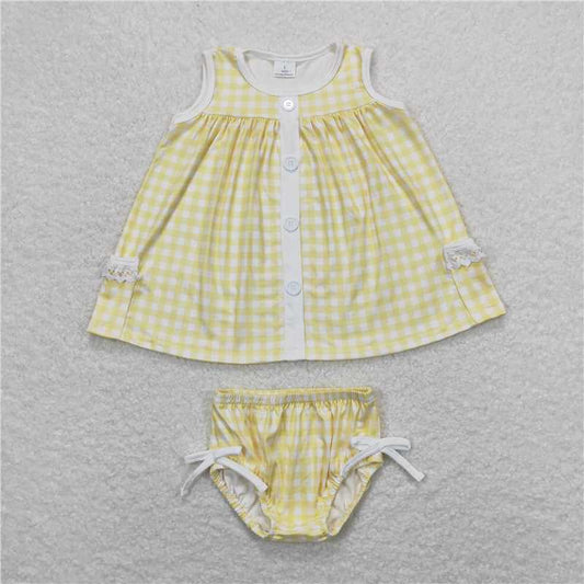GBO0261 Baby Girls Yellow Checkered Tunic Top Bummies Clothes Sets