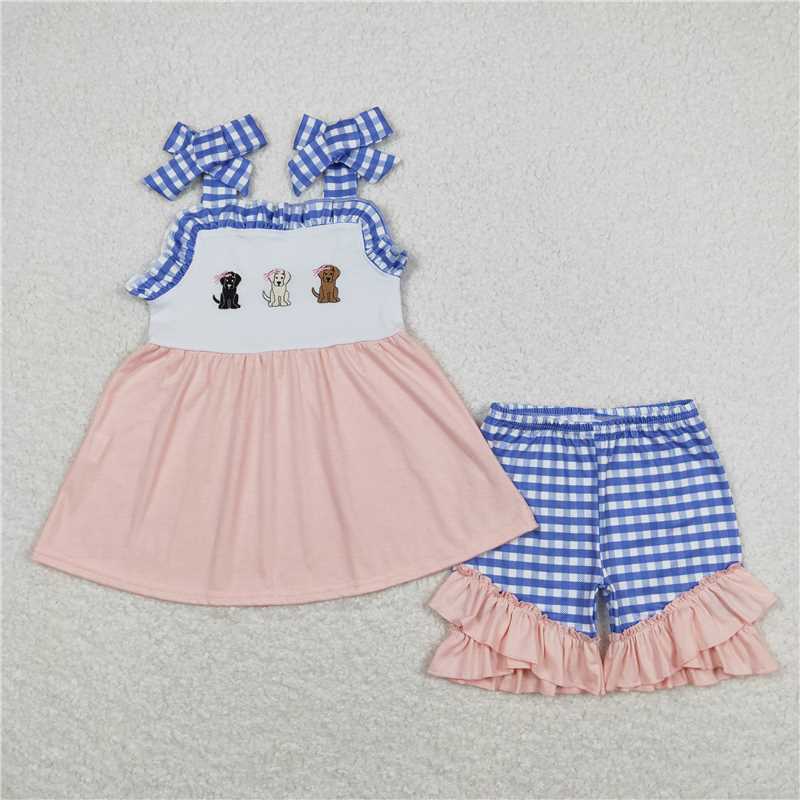 11.24 RTS NO MOQ （In stock）Matching 	GSSO0630 Baby Girls Dogs Straps Tunic Top Ruffle Shorts Clothes Sets