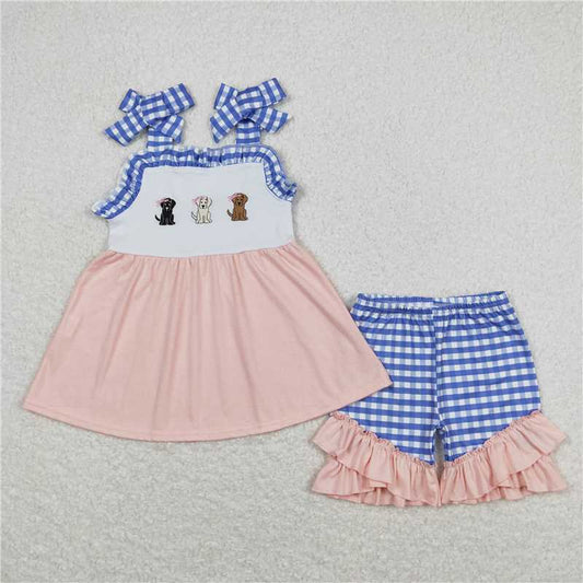 11.24 RTS NO MOQ （In stock）Matching 	GSSO0630 Baby Girls Dogs Straps Tunic Top Ruffle Shorts Clothes Sets