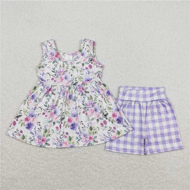 Baby Girls Lavender Floral Tunic Top Checkered Shorts Clothes Sets