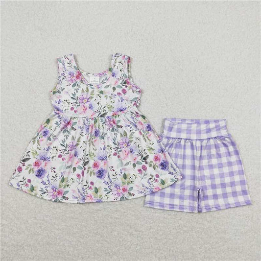 Baby Girls Lavender Floral Tunic Top Checkered Shorts Clothes Sets