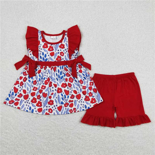 GSSO0609Red floral blue tunic shorts girls 4th of july clothing
