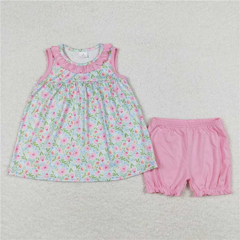 11.28 RTS NO MOQ （In stock）Matching GSSO0825 Baby Girls Pink Floral Ruffle Top Ruffle Shorts Outfits Clothes Sets