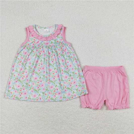 11.28 RTS NO MOQ （In stock）Matching GSSO0825 Baby Girls Pink Floral Ruffle Top Ruffle Shorts Outfits Clothes Sets