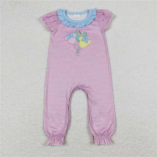 SR0611  Baby Infant Girls Pink Stripes Balloon Short Sleeve Rompers