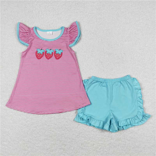 GSSO0556Flutter sleeves strawberry shirt ruffle shorts girls clothes