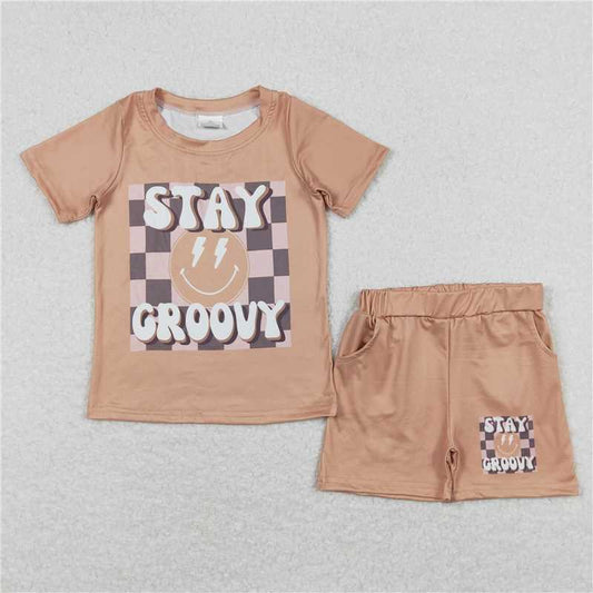 BSSO0613 RTS NO MOQ Baby Boys Summer Boys Outfits Baby Boys Stay Groovy Shirt Khaki Shorts Outfits Clothes Sets