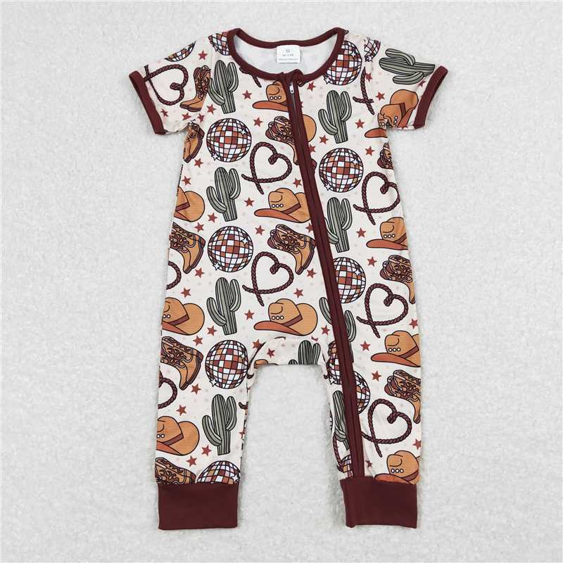 SR0973 Baby Infant Boys Boots Hats Western Brown Short Sleeve Rompers