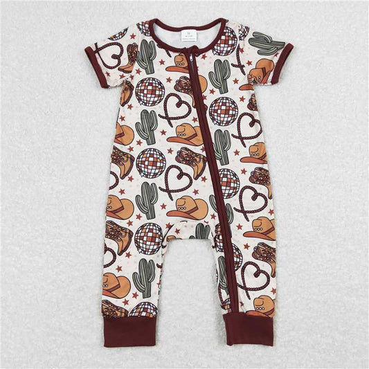 SR0973 Baby Infant Boys Boots Hats Western Brown Short Sleeve Rompers