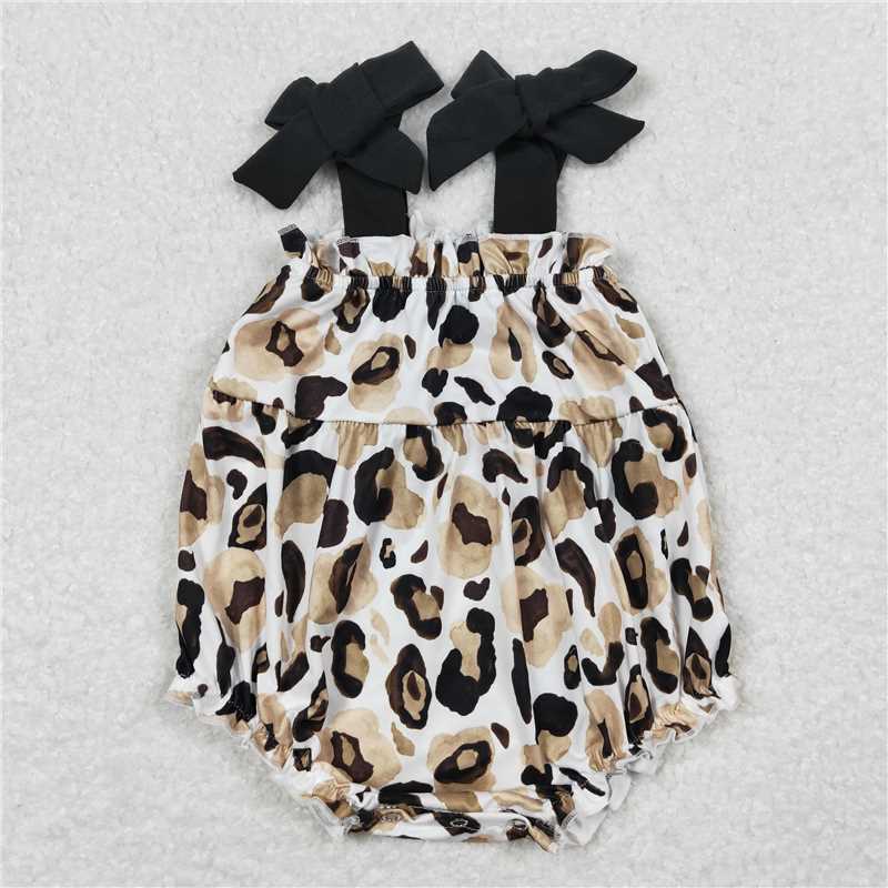 USA Warehouse (IN STOCK) SR1198 Black straps leopard kids girls summer romper